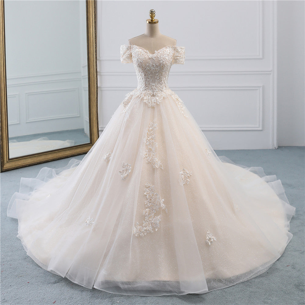 Long Ball Gown Off the Shoulder Tulle Wedding Dress with Appliques Lace