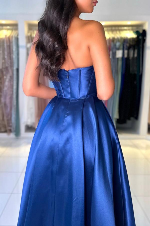 Long A-line Off The Shoulder Open Back Satin Floor Length Prom Dress