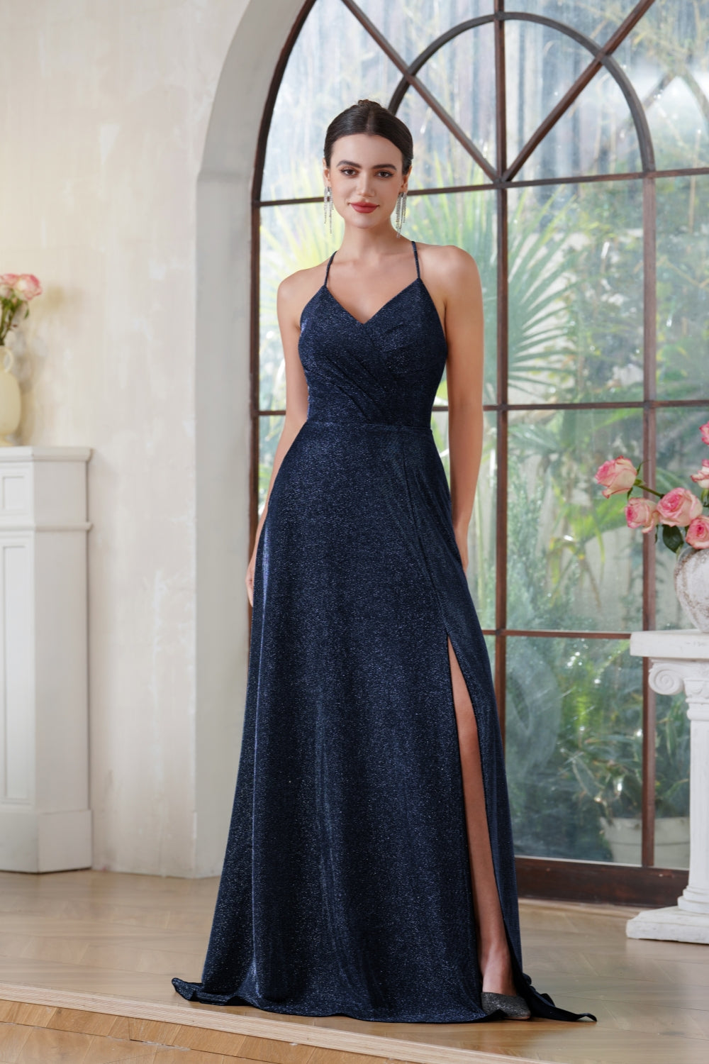 Glitter Long A-line V-neck Halter Front Slit Backless Prom Dresses with Pocket