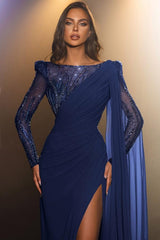 Elegant Mermaid Chiffon Beading Long High Split Formal Evening Dresses with Sleeves