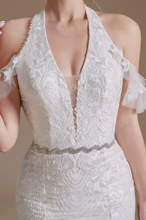 Elegant Long Mermaid Halter Tulle Floor Length Wedding Dress with Appliques Lace