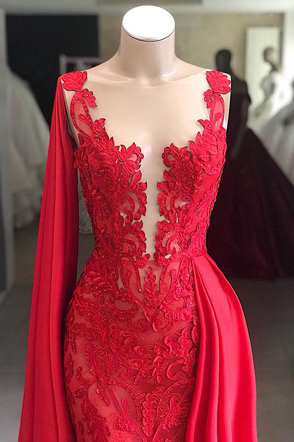 Long Bateau Lace Floor Length Mermaid Prom Dress With Side Train