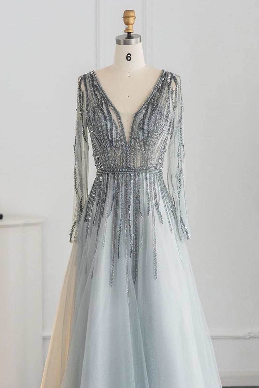 Long A-line V-neck Sequins Beading Tulle Formal Prom Dresses with Sleeves