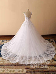 Gorgeous Long Ball Gown Tulle Lace V-Neck Backless Wedding Dresses