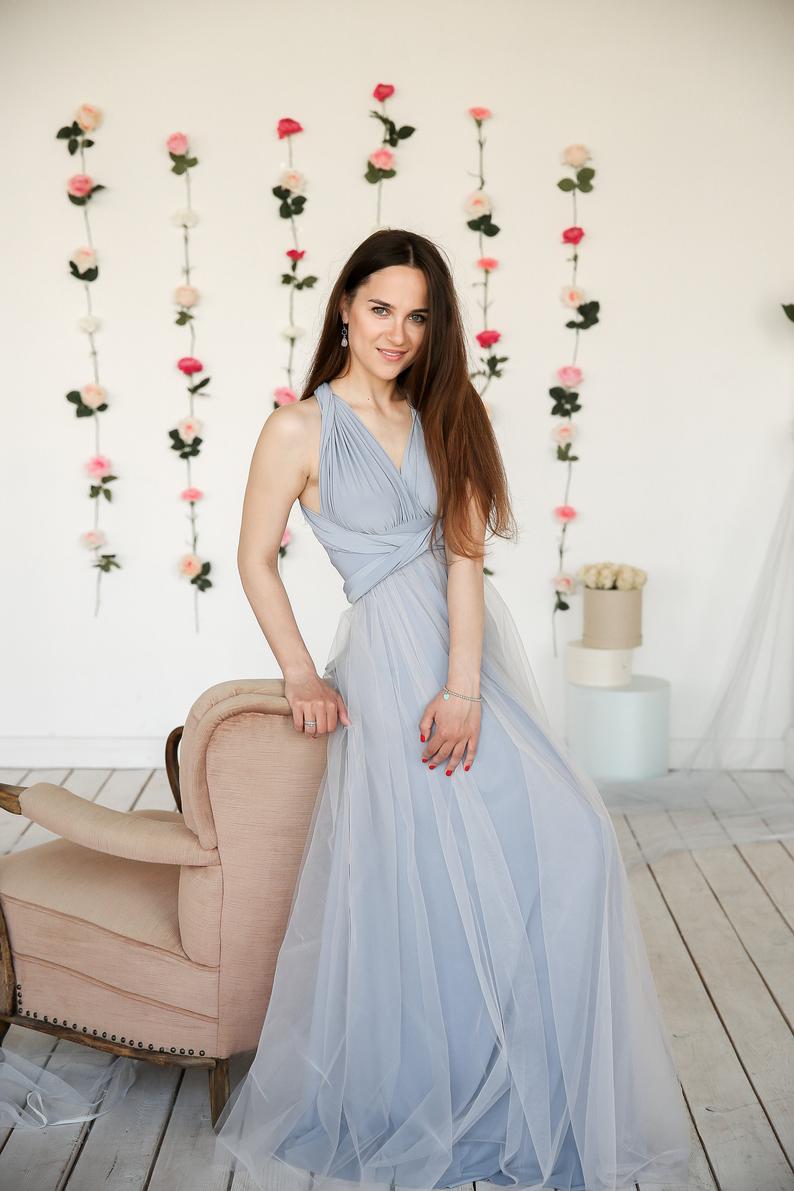 Elegant A-line Multiway Tulle Floor Length Backless Bridesmaid Dresses
