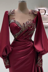 Burgundy Long Mermaid Sweetheart Satin Beading Evening Formal Dresses with Sleeves