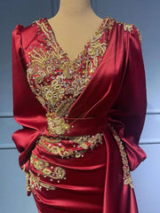 Long Mermaid V-neck Satin Beads Floor length Formal Evening Dress with Sleeves