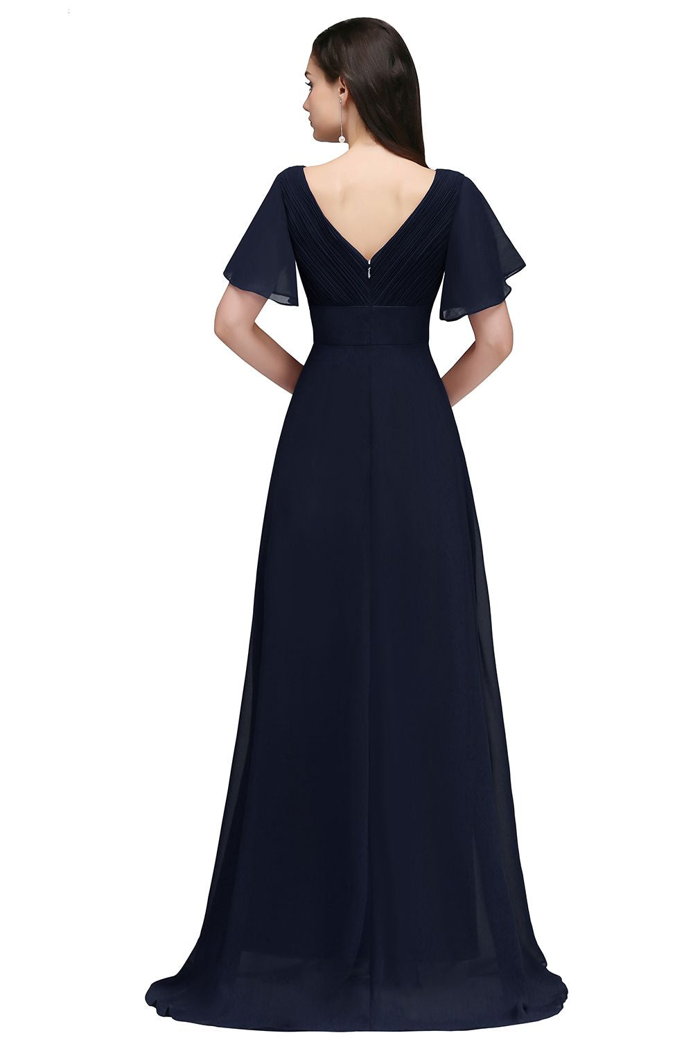 A-line Ruffle Chiffon V-Neck Long Bridesmaid Dress with Sleeves