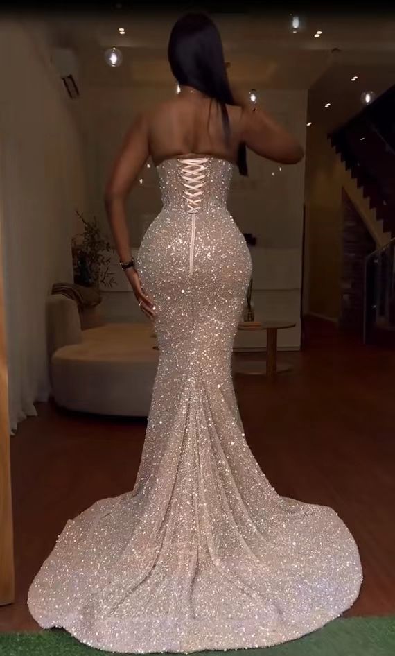 Long Mermaid One Shoulder Sleeveless Sequined Formal Prom Dresses with Slit