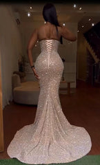Long Mermaid One Shoulder Sleeveless Sequined Formal Prom Dresses with Slit