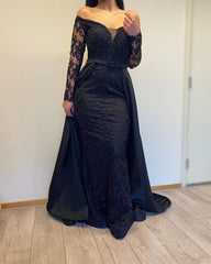 Long A-line Off the Shoulder Lace Detachable Black Formal Dress with Sleeves