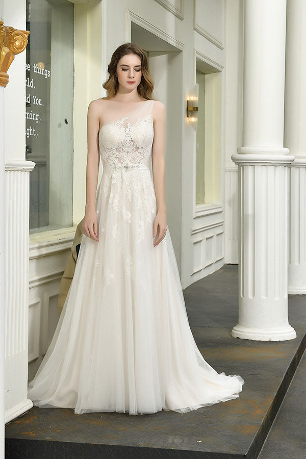 Chic Long One Shoulder Tulle Lace A-Line Wedding Dress