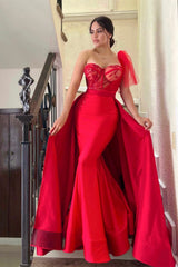 Dark Green Long Mermaid Satin Beaded Prom Dress with Detachable Train