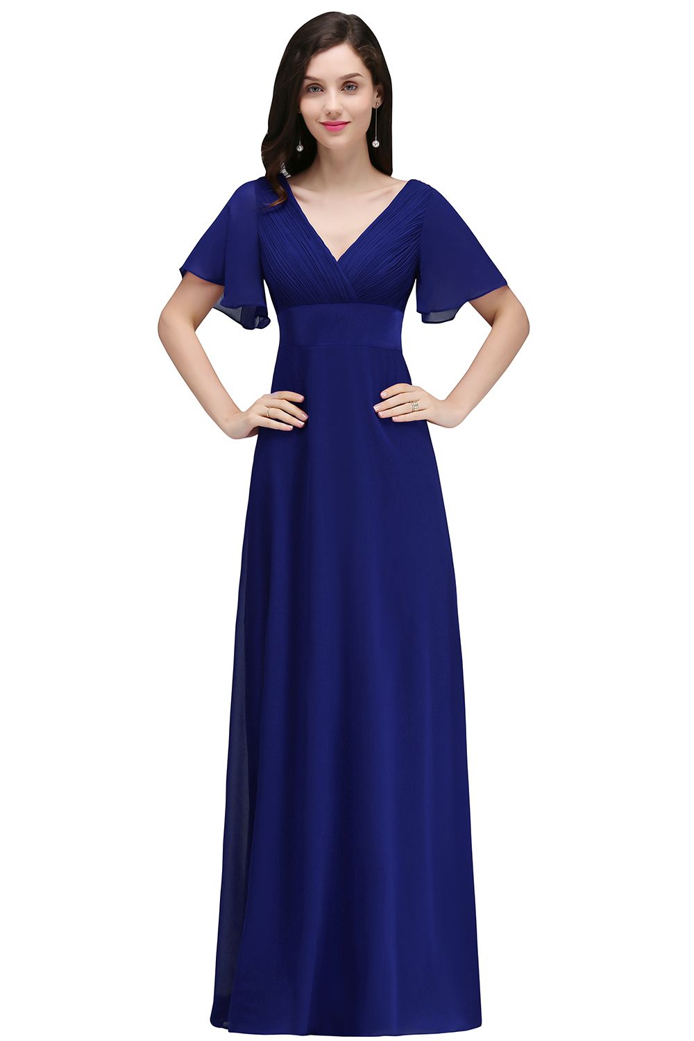 A-line Ruffle Chiffon V-Neck Long Bridesmaid Dress with Sleeves