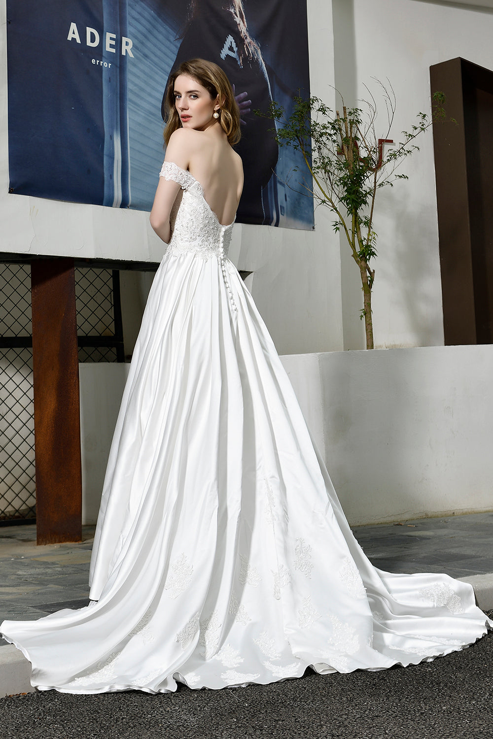 Elegant Long A-line Off the Shoulder Lace Satin Wedding Dresses