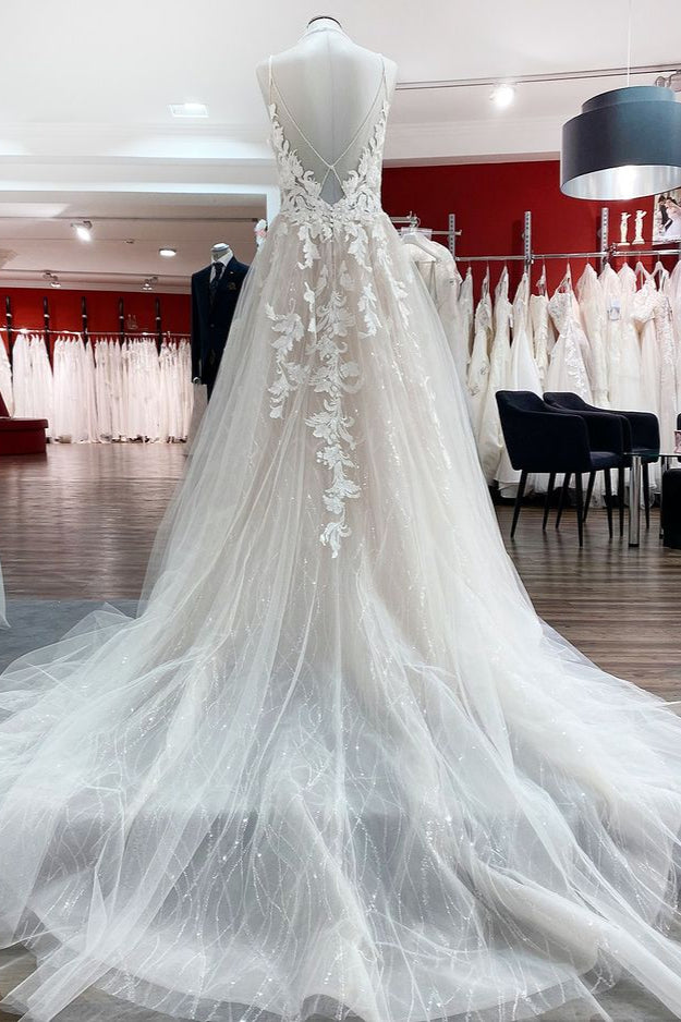 Luxury Long A-line Spaghetti Straps Tulle V Neck Sequins Lace Appliques Wedding Dress