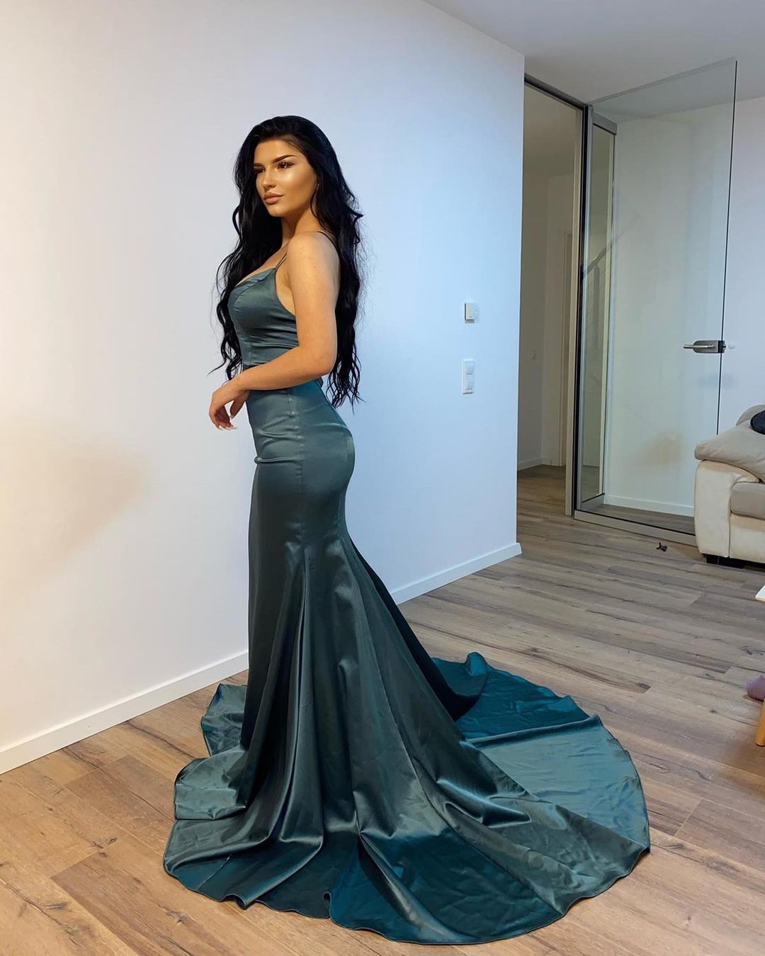 Long V-neck Spaghetti Straps Floor Length Backless Mermaid Prom Dress