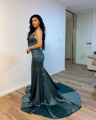 Long V-neck Spaghetti Straps Floor Length Backless Mermaid Prom Dress