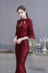 Burgundy Mermaid Sequins Long Formal Evening Dresses with Sleeves