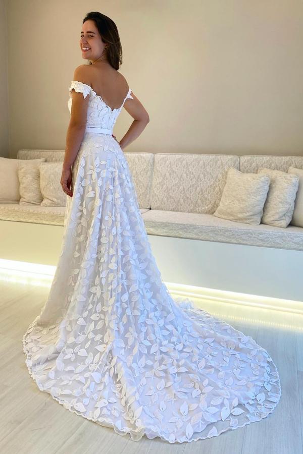 Elegant Long A-line Off the Shoulder Lace Wedding Dresses with Sweep Train