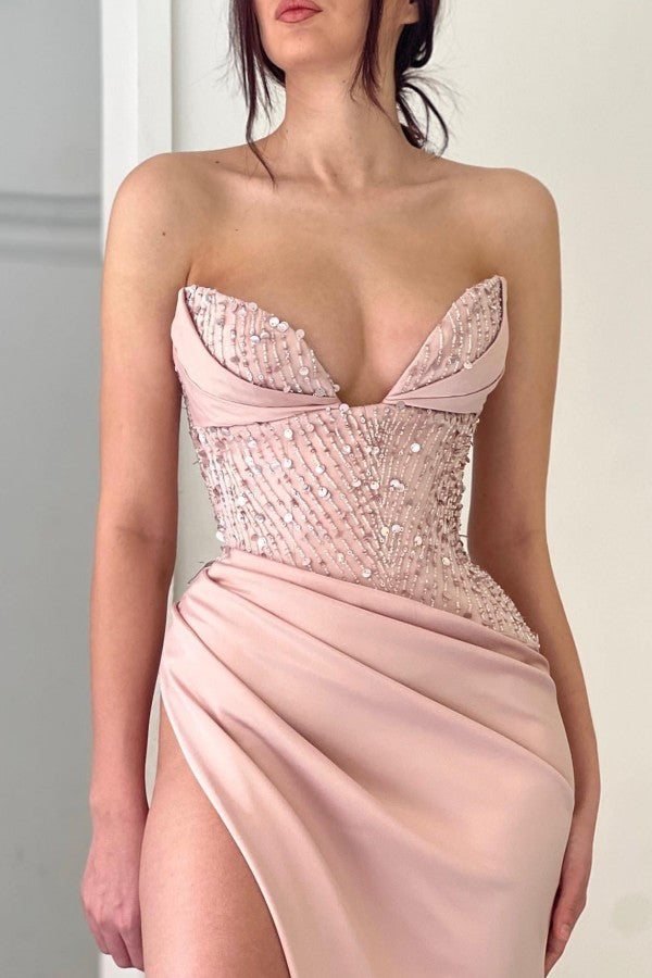 Long Mermaid Sweetheart Satin Beading Formal Prom Dresses with Slit