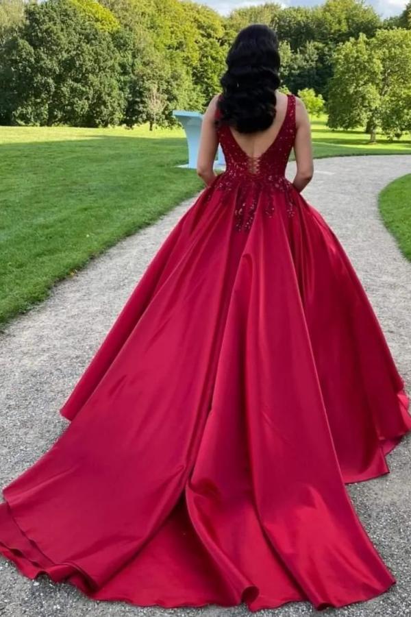 Long Ball Gown Burgundy Square Neck Lace Satin Backless Wedding Dresses