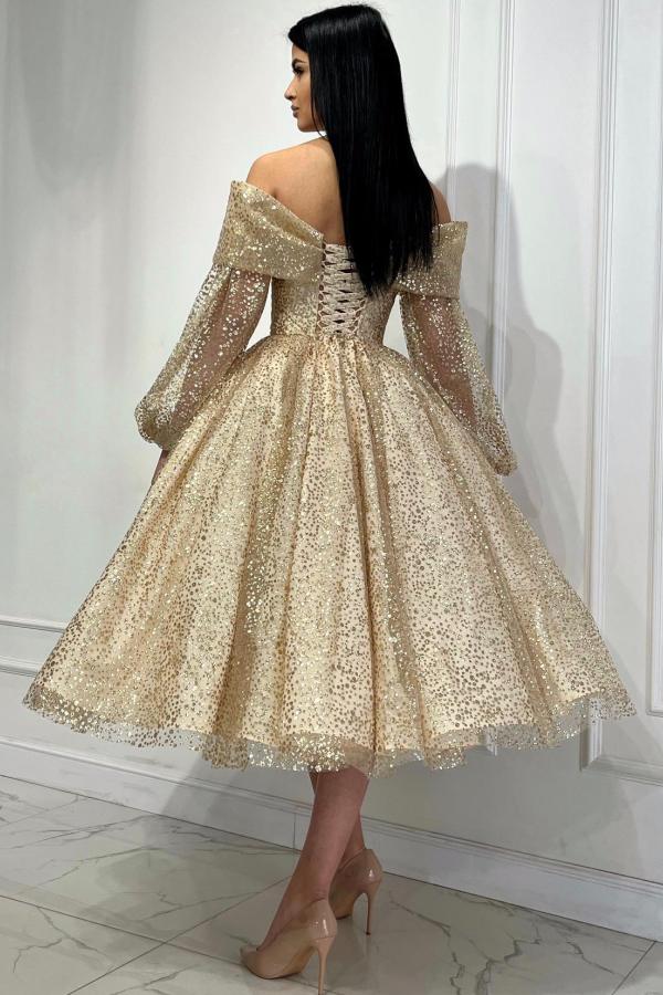 Glitter Short A-line Off the Shoulder Formal Party Dresses with Sleeves