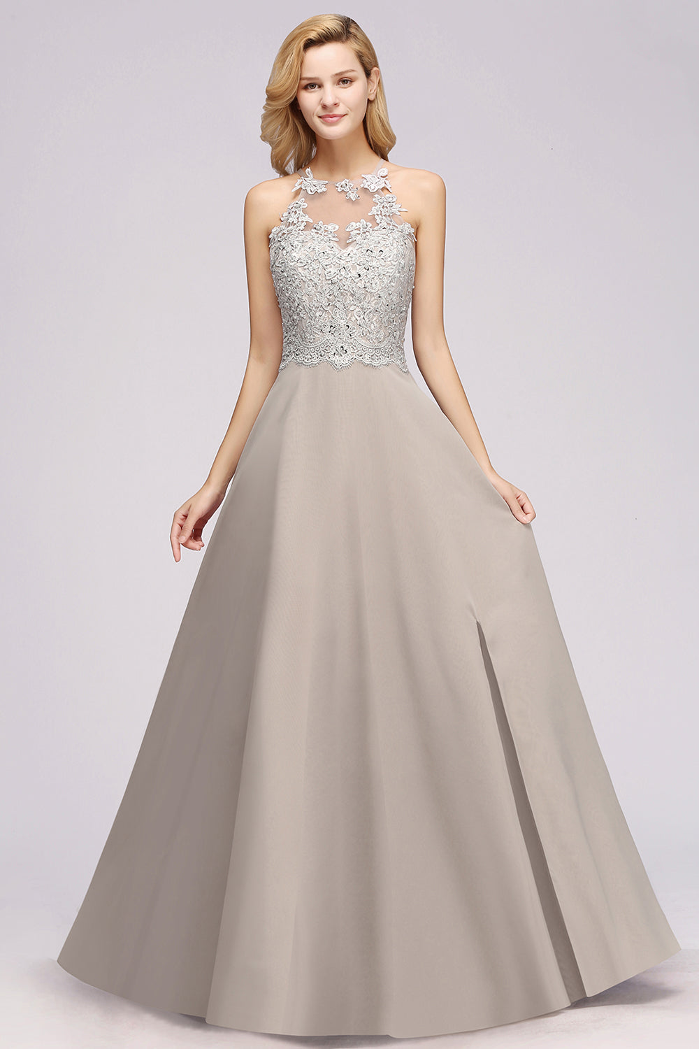 Exquisite Long A-line Lace Sleeveless Side Slit Bridesmaid Dress