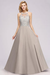 Exquisite Long A-line Lace Sleeveless Side Slit Bridesmaid Dress