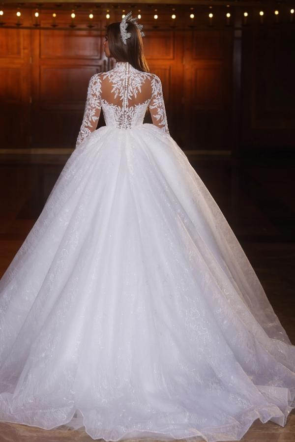 High Neck Long Sleeve Ball Gown Tulle Floor Length Wedding Dress with Appliques Lace
