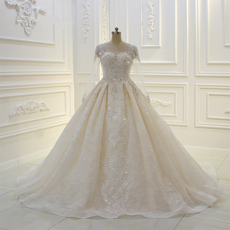 Long Sleeve Beading Bateau Appliques Lace Ball Gown Wedding Dress