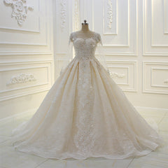 Long Sleeve Beading Bateau Appliques Lace Ball Gown Wedding Dress