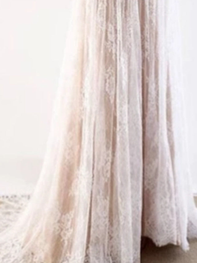 Long A-Line V Neck Tulle Lace Wedding Dress with Short Sleeve