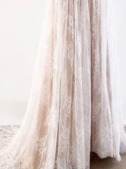 Long A-Line V Neck Tulle Lace Wedding Dress with Short Sleeve