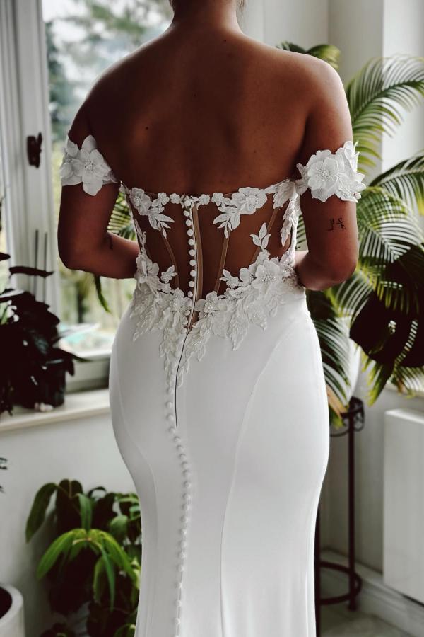 Long Off The Shoulder Chiffon Appliques Lace Mermaid Floor Length Wedding Dress