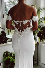 Long Off The Shoulder Chiffon Appliques Lace Mermaid Floor Length Wedding Dress