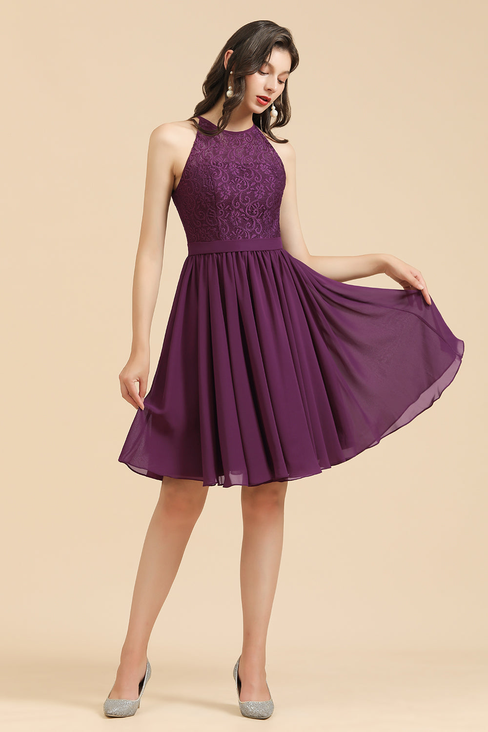 Short A-line Halter Lace Chiffon Wedding Party Dress
