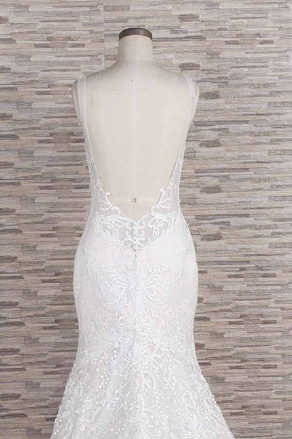 Chic Long Spaghetti Strap Appliques Lace Mermaid Wedding Dress