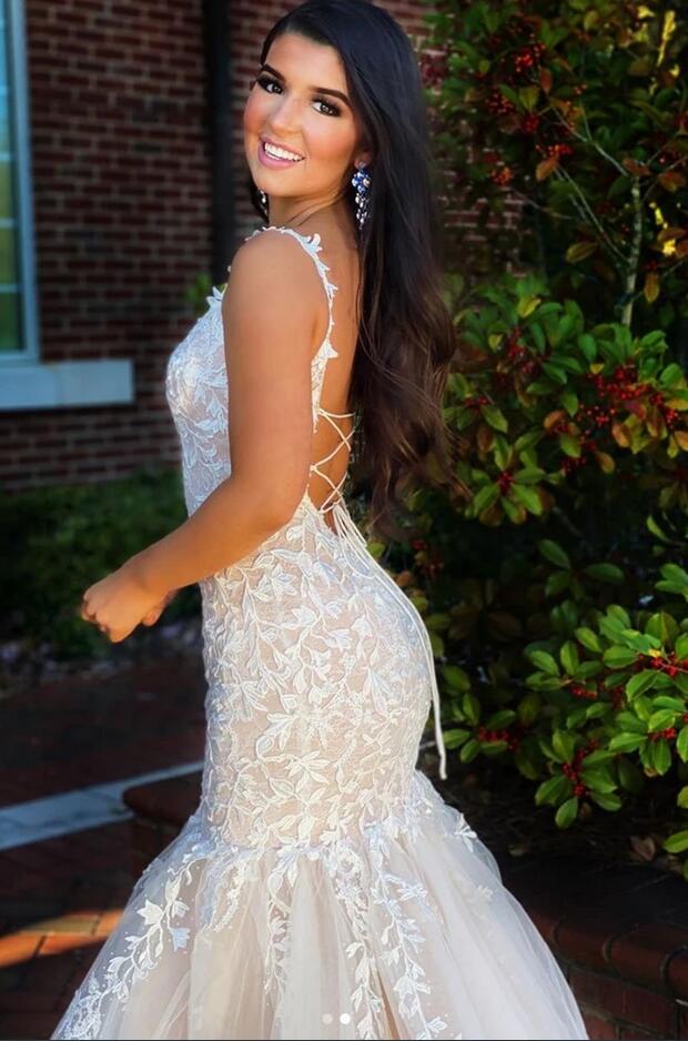 Long Spaghetti Straps Backless Appliques Lace Tulle Ruffles Mermaid Prom Dress