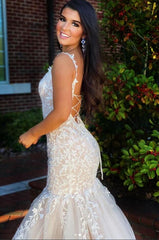 Long Spaghetti Straps Backless Appliques Lace Tulle Ruffles Mermaid Prom Dress
