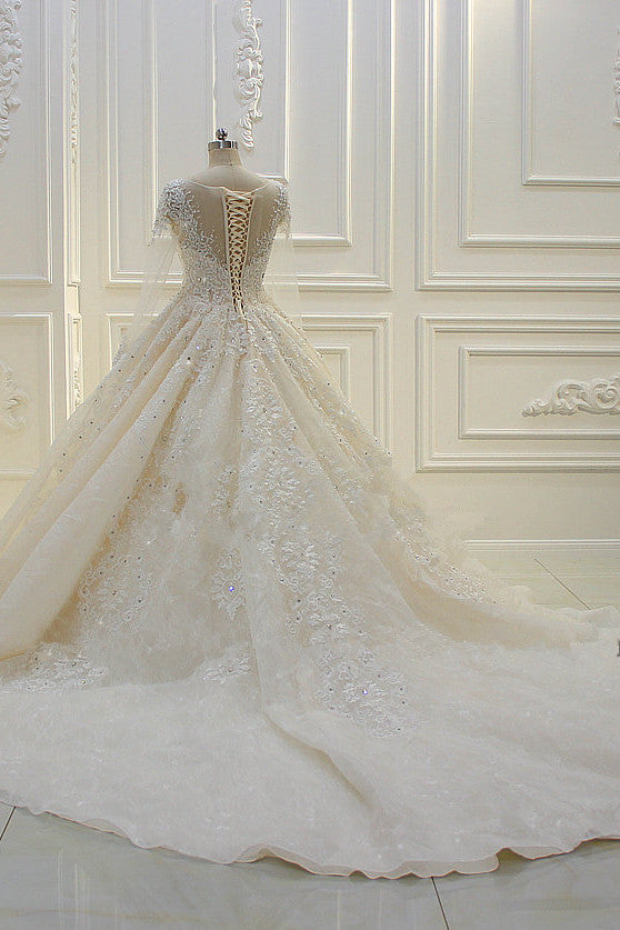Long Sleeve Beading Bateau Appliques Lace Ball Gown Wedding Dress