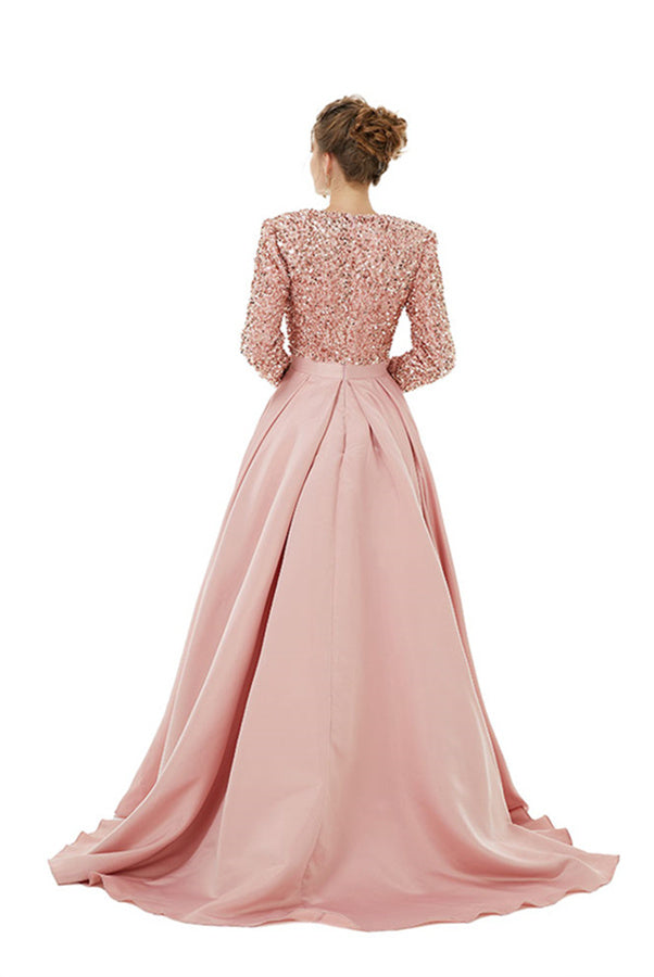 Charming Long Sleeves A-line V-neck Satin Beading Formal Dress With Slit