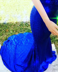 Long V-neck Mermaid Sequin Royal Blue Prom Dress