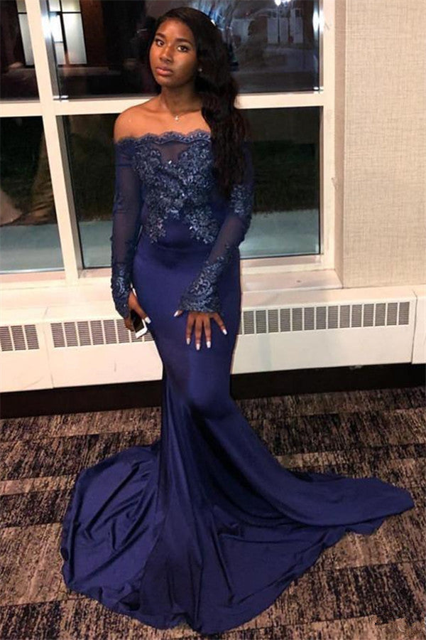 Dark Navy Long Off the Shoulder Appliques Lace Mermaid Prom Dress with Sleeves