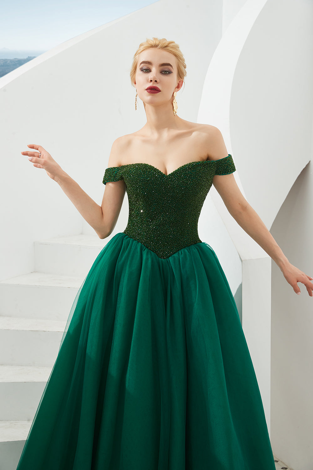 Long A-line Off the Shoulder Tulle Sequin Formal Dresses