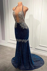 Sparkle Appliques Lace Halter V-Neck Mermaid Long Prom Dress