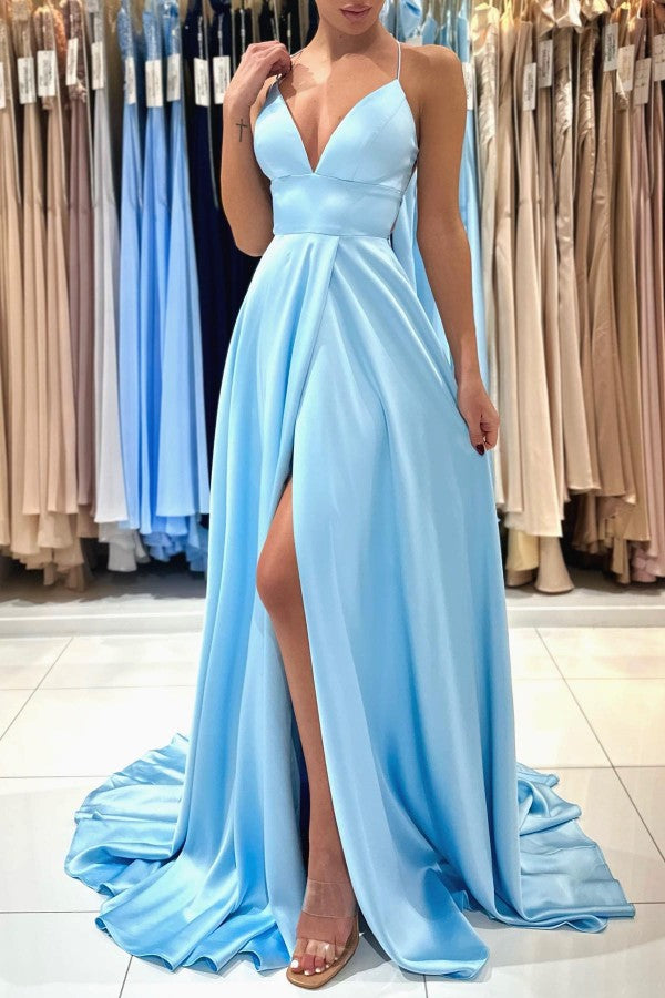 Chic Long A-line V-neck Sleeveless Satin Prom Dress with Slit