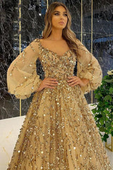 Long A-line V-neck Tulle Beading Formal Prom Dress with Sleeves
