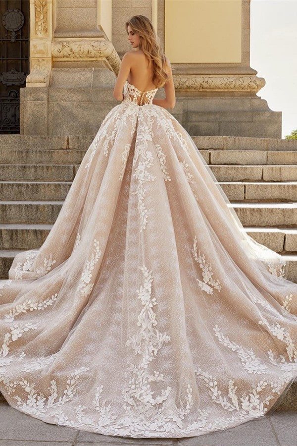 Elegant Champagne Long Sweetheart Mermaid Detachable Train Wedding Dress with Pockets