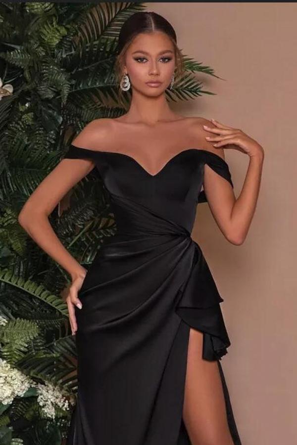 Simple Black Long Mermaid Off the Shoulder Prom Dress with Slit